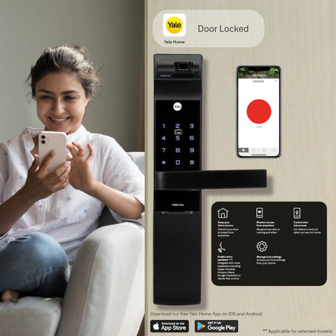 Yale YDM 7116 Smart Door Lock with Biometric, Pin, RF Card, Bluetooth, Mechanical Keys and App Enabled Access, WiFi Optional (Matt Black Finish)