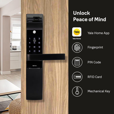 Yale YDM 7116 Smart Door Lock with Biometric, Pin, RF Card, Bluetooth, Mechanical Keys and App Enabled Access, WiFi Optional (Matt Black Finish)